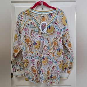 Magazine Brand Colorful Paisley V-Neck Boho Blouse with Striped Trim Size M-NWT